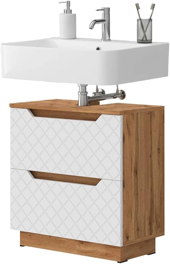 Mobile sottolavabo per bagno Lotta, Bianco, 59.8 x 62.5 cm con 2 cassetti, adatto per il montaggio sotto lavabi standard