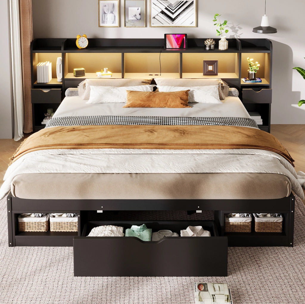 Letto matrimoniale 180x200 cm con LED, USB e cassetti nero