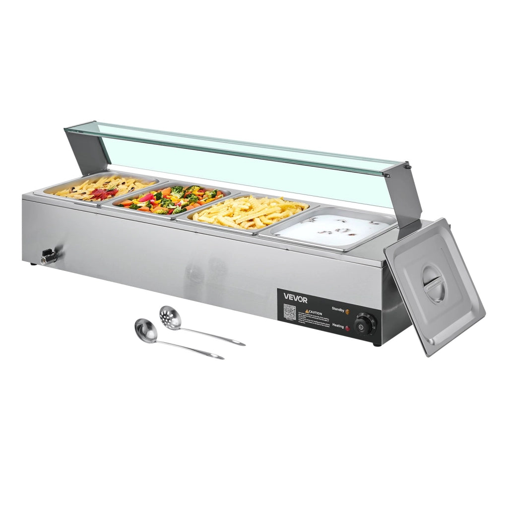 Scaldavivande Elettrico Commerciale 4 Contenitori 1/2 Acciaio Inox 1500W con Coperchio in Vetro per Catering Feste M-2214