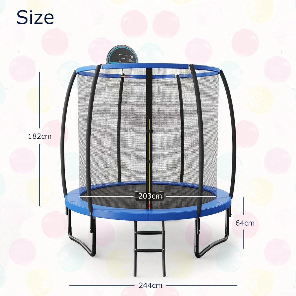 Trampolino da giardino rotondo con rete di sicurezza e copertura per bordi per bambini e adulti, blu + nero