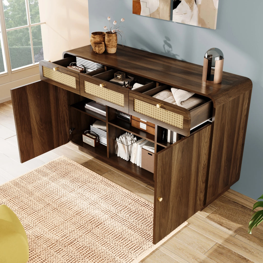 CREDENZA 120x40x85 cm Noce con 3 cassetti, rattan e 2 ante