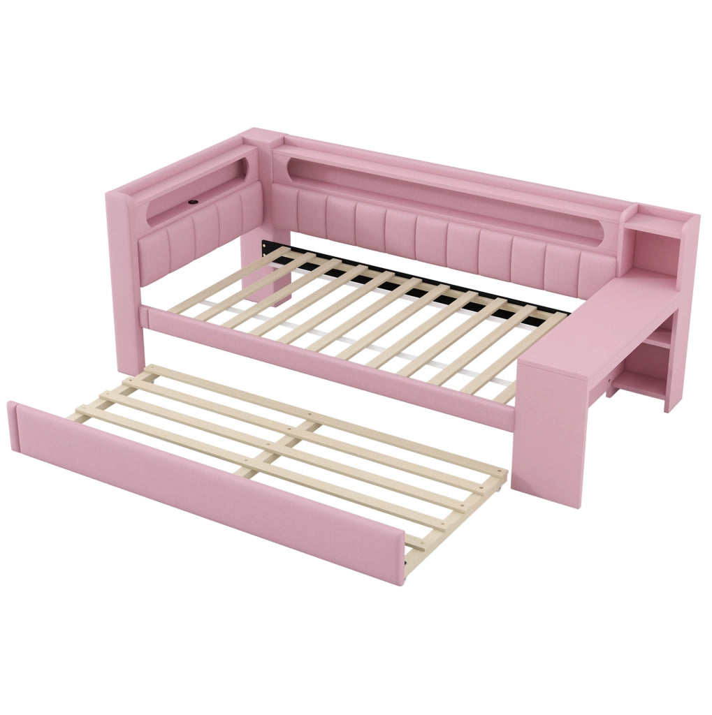 Letto imbottito 90x200 con LED, USB, letto estraibile e scrivania rosa