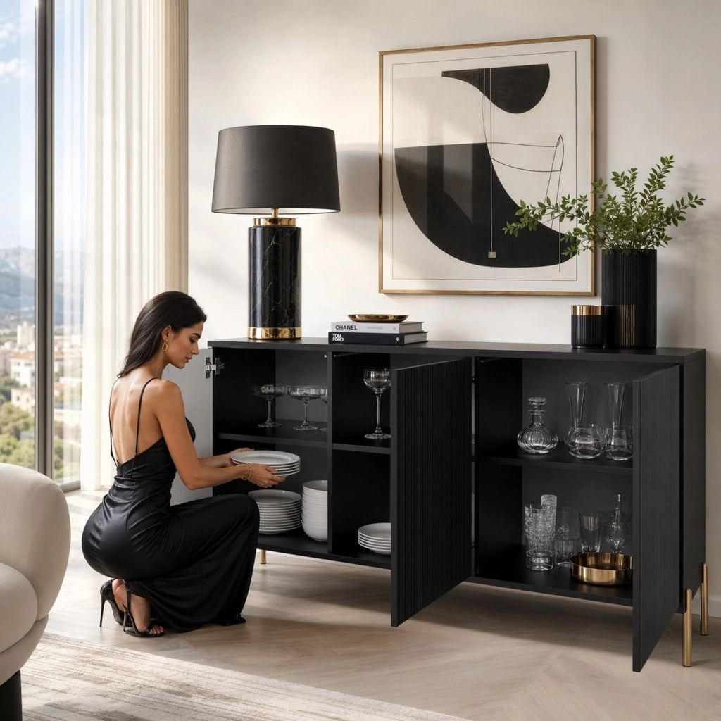 Credenza Moderna Madia Con 3 Ante Battenti Ripiani Interni Grande Spazio Contenitivo Struttura In Melaminico Per Soggiorno Sala Da Pranzo Corridoio Zona Living 154 X 38 X 80 Cm Nero