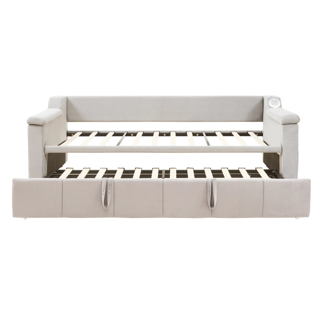 Divano letto 90/180x190; altoparlante Bluetooth; porta USB; archiviazione; velluto; beige