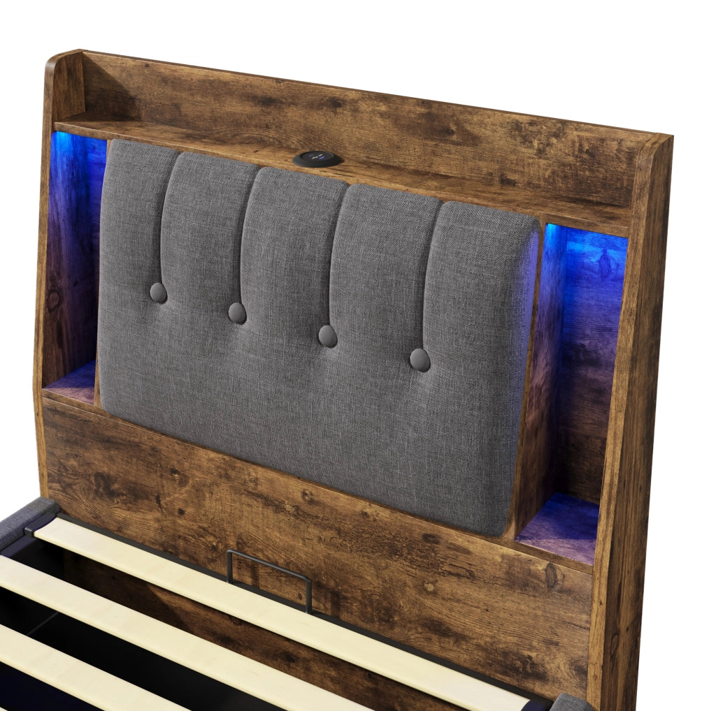 Letto imbottito 90x200 cm con contenitore, USB, USB-C e LED in lino grigio