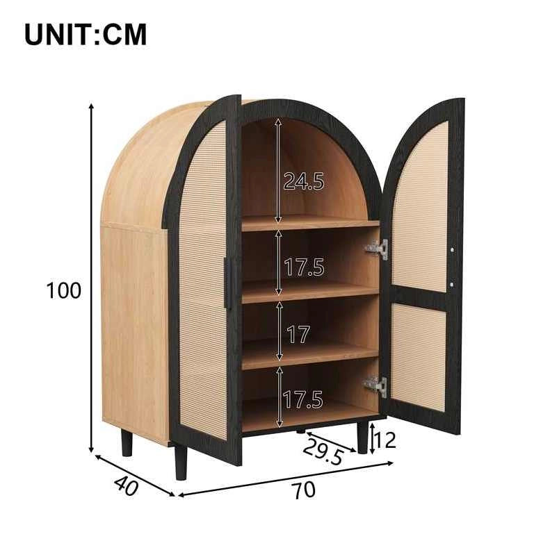 Scarpiera sideboard con ante in rattan; 70x40x100 cm; in MDF e truciolare; naturale e nero