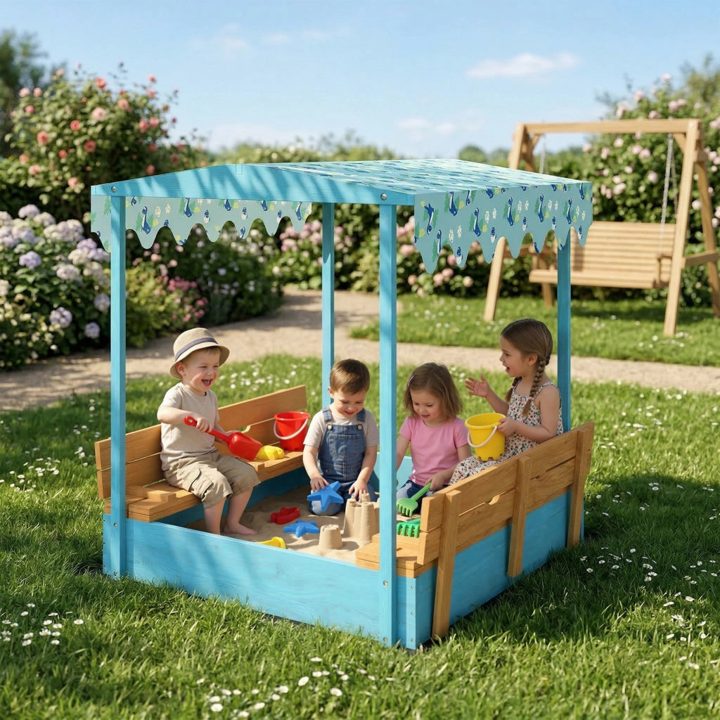 Casetta Sabbiera per Bambini con Tettuccio Dinosauri ¨C zephmum ¨C Legno di Abete, Blu, 134.5x127.5x130 cm