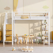 Letto a soppalco 90x200 cm in metallo bianco con scala; guardaroba e ripiani