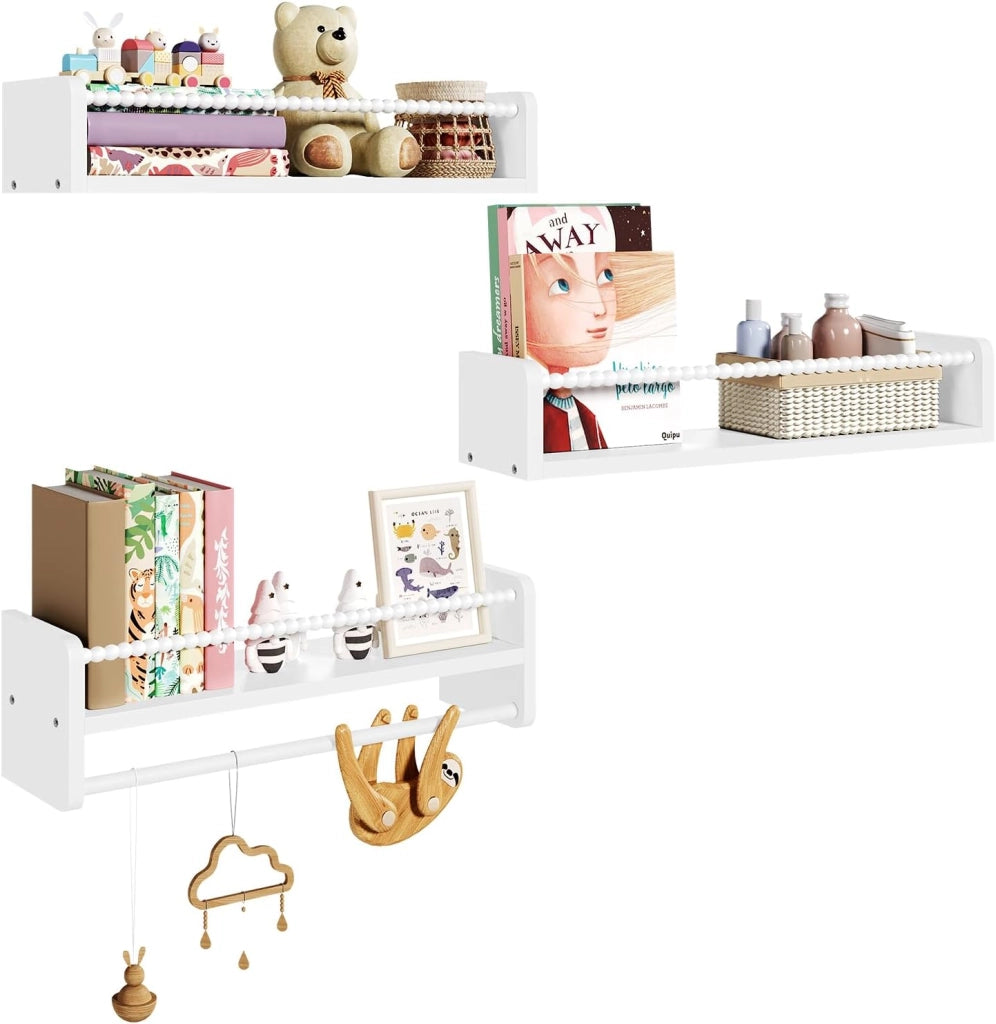 Librerie per Bambini da Parete in Legno Massello, 60 cm Set di 3 Porta Libri per Cameretta, Scaffale Libri per Bambini, Librerie da Parete Piccole con Perline
