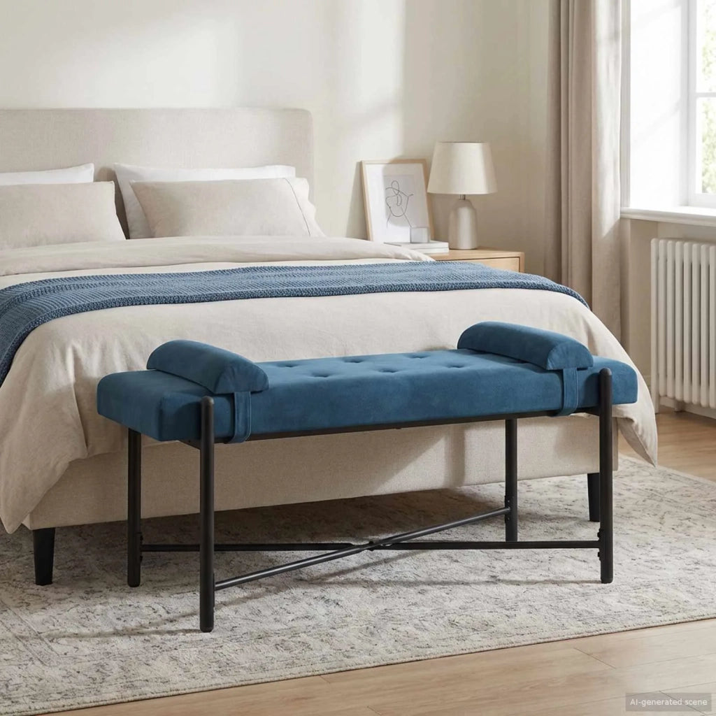 Panchina con bottoni e cuscini Blu 110 x 40 x 46 cm Velluto 42038394