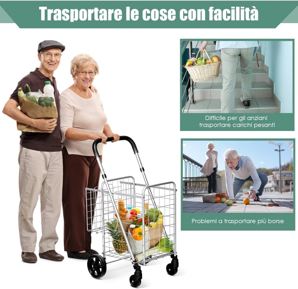 Carrello Portaspesa Pieghevole, Carrello Spesa con Ruote Girevoli a 360 °, Manico Regolabile, 2 Cesti, Capacità di Carico: 20 kg, 58L, 43 x 52 x 89-95 cm (Argento)