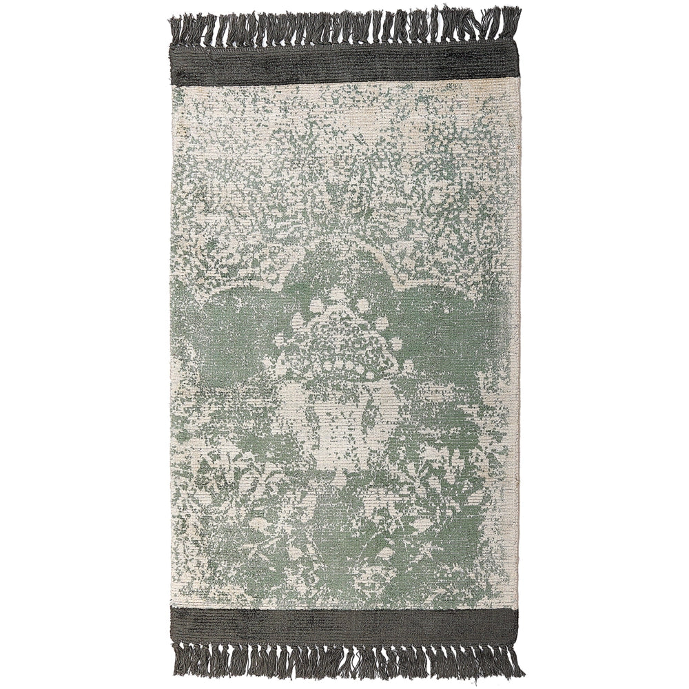 Tappeto vintage in viscosa con frange 80 x 150 cm verde e beige stile classico e retrò camera da letto soggiorno