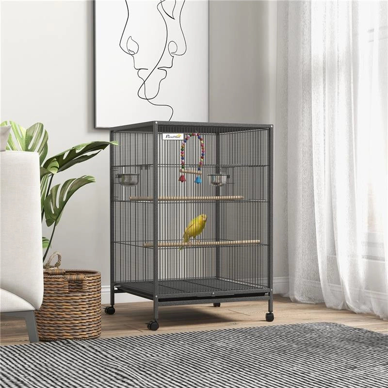 GABBIA PER UCCELLI IN ACCIAIO E PP CON 5 PORTE, 2 POSATOI E VASSOIO ESTRAIBILE, 48X46X74 CM, GRIGIO