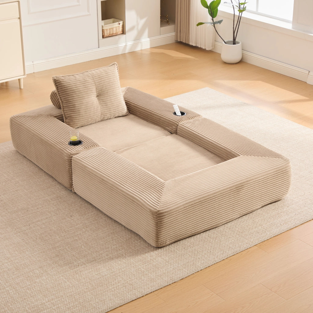 Divano letto in velluto a coste con cuscini in memory foam, tasche laterali e portabicchieri, kaki 122 × 98 × 80 cm