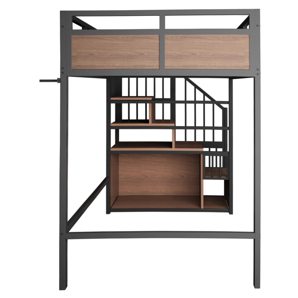 Letto a soppalco 90x200 cm con scala portaoggetti e LED in metallo e legno nero