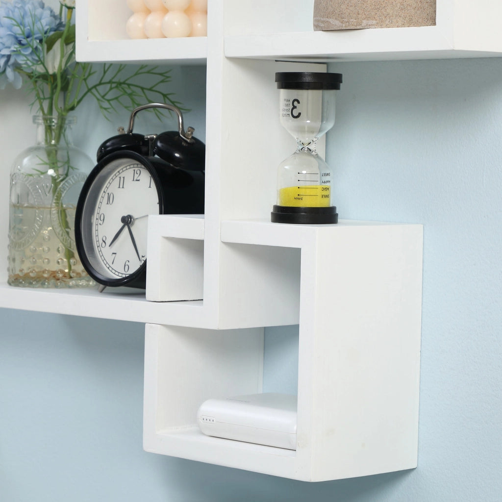 Libreria Moderna Sospesa con 5 Cubi Intrecciati 49,5x10,2x86 cm in Legno Bianco