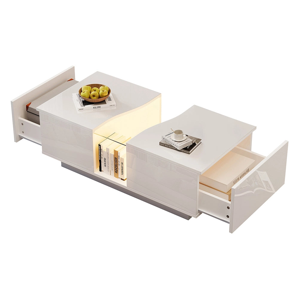 Tavolino-Xylo-100x50x35cm bianco 2 cassetti LED acrilico