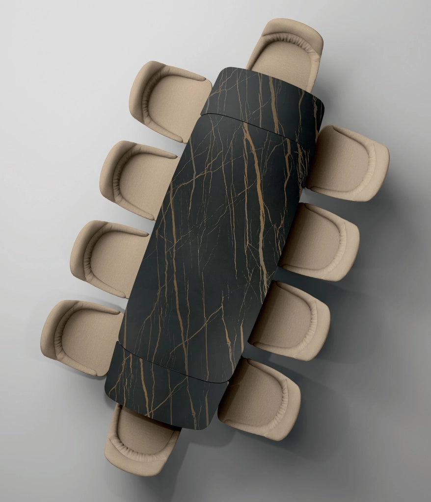 Tavolo Allungabile Thanos X - Piano in Ceramica Marmo Portoro Nero, Struttura Metallo Verniciato Nero, 200-280x100 cm, Design Moderno