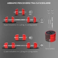 Set 2 in 1 Bilanciere e Manubri Pesi da 20kg, Dischi con Rivestimento in Plastica Antigraffio, Rosso e Nero