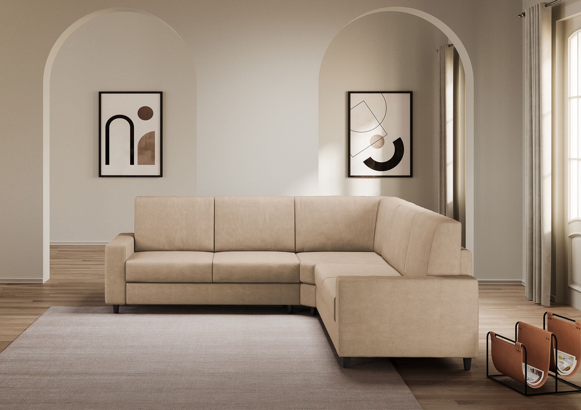 Divano Angolare 5 Posti 246x246x85 cm Sakar in Tessuto Beige