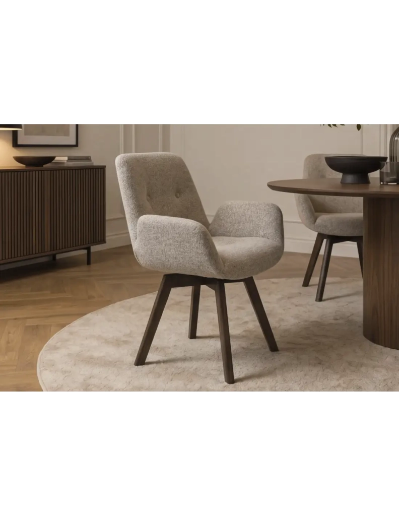 Set di 2 sedie design SORRANO girevoli a 360° in tessuto tweed taupe e piedi in rovere scuro