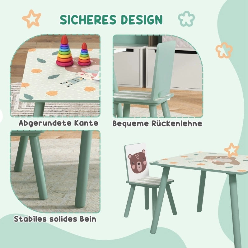 Tavolo per bambini con 2 sedie, verde, in legno