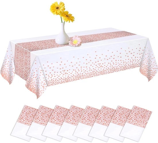 Tavolo da Festa in Plastica, [8 pezzi] Tovaglie da Festa Idrorepellenti, Tovaglia Quadrata per Tavolo da Festa, Ideale per Feste, Compleanni Bambini, Matrimoni, Natale, 137 x 274 cm, Bianco e Rosa Chiaro