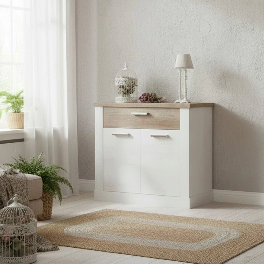 Madia Flux 2 ante e 1 cassetto 101 cm pino bianco con top rovere antico