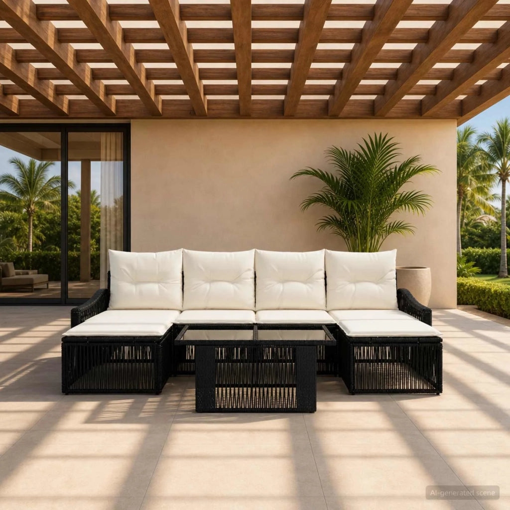 Set Divano da Giardino 6 pz Nero e Bianco Crema polyrattan 3437242