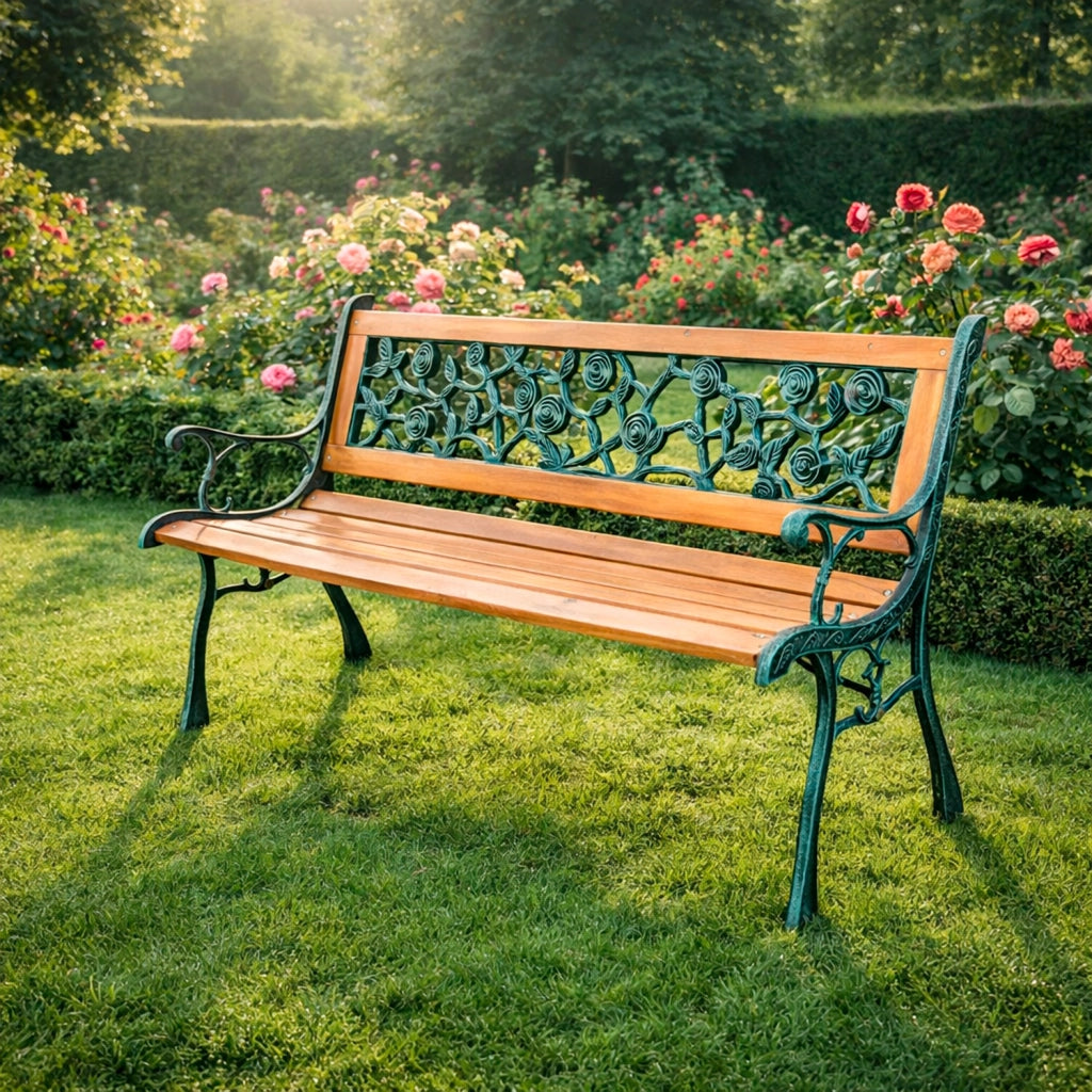 Panchina Da Giardino 2 Posti In Legno Design Vintage Con Schienale A Rose Elegante E Resistente Ideale Per Esterni Terrazzo Balcone Arredo Giardino Classico 124 x 52 x 74 Cm