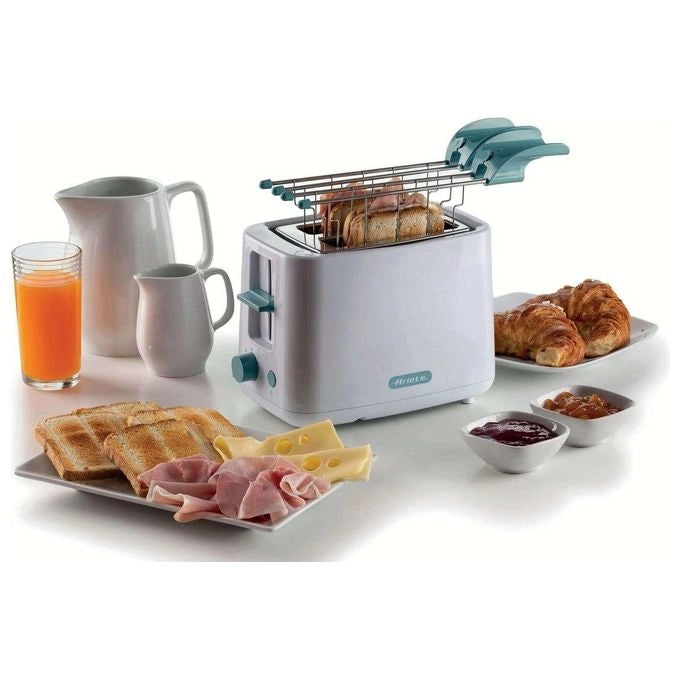 Ariete 157 Tostapane Breakfast, 760W, Capacità 2 fette di pane, Pinze in acciaio inox, 7 livelli di doratura, Pulsante stop, Tocco freddo, White & Aegean Teal