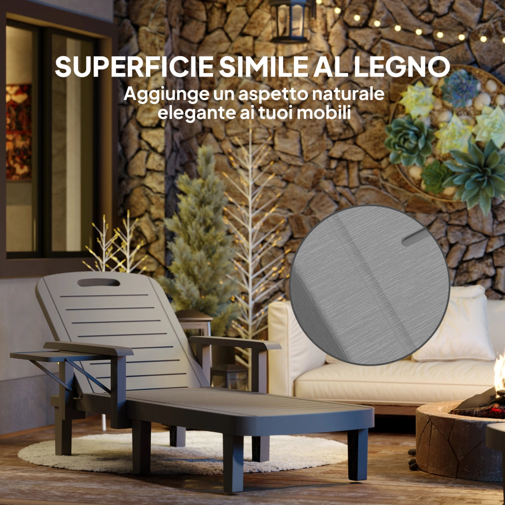 Set 2 Sdraio da Giardino Regolabili con Tavolino e Braccioli, in Polipropilene, 79x158x88 cm, Grigio Scuro