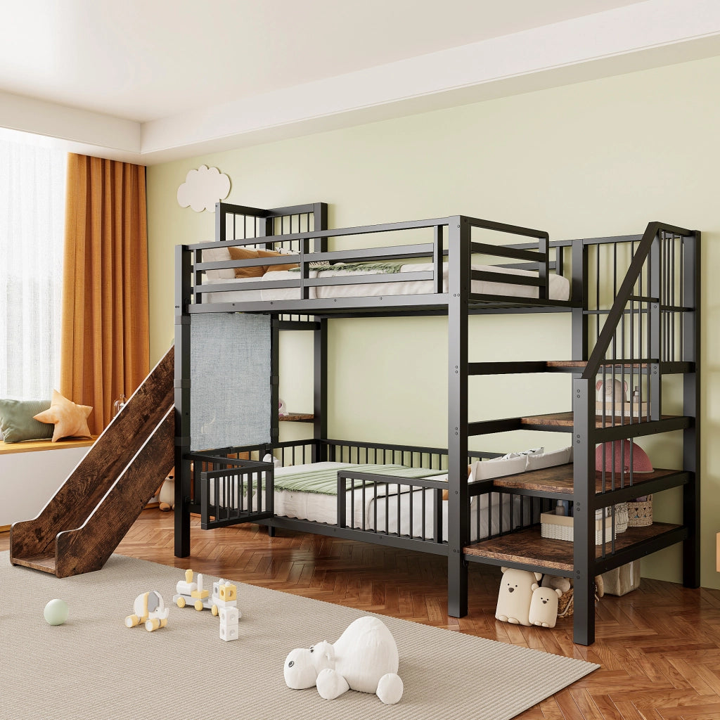 Letto a castello per bambini in metallo con scivolo, scala con contenitore e ripiani integrati 90x200 cm, nero