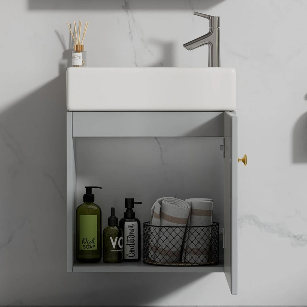 Mobile bagno sospeso con lavabo in ceramica, grigio e bianco