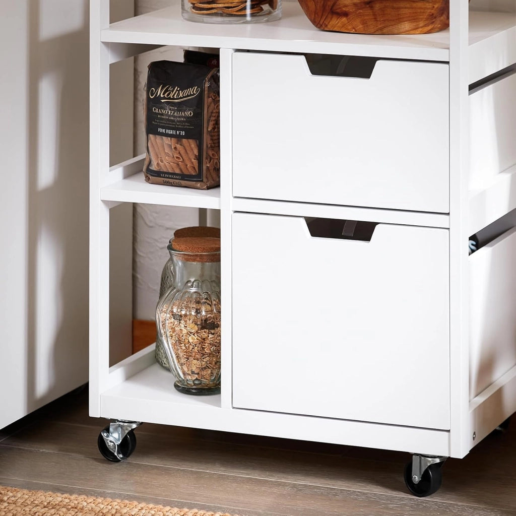 Carrello Cucina con Ruote Salvaspazio per Piccoli Spazi, Mobiletto Cucina con Cassetti e Ripiani, Carrello con Ruote Portatutto da Cucina, Isola Cucina Compatta Bianco 53x37x89 cm FKW111-WN