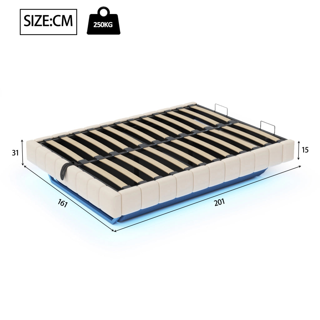 Letti contenitori 160x200 cm; sollevabile con LED; senza testiera; lino beige
