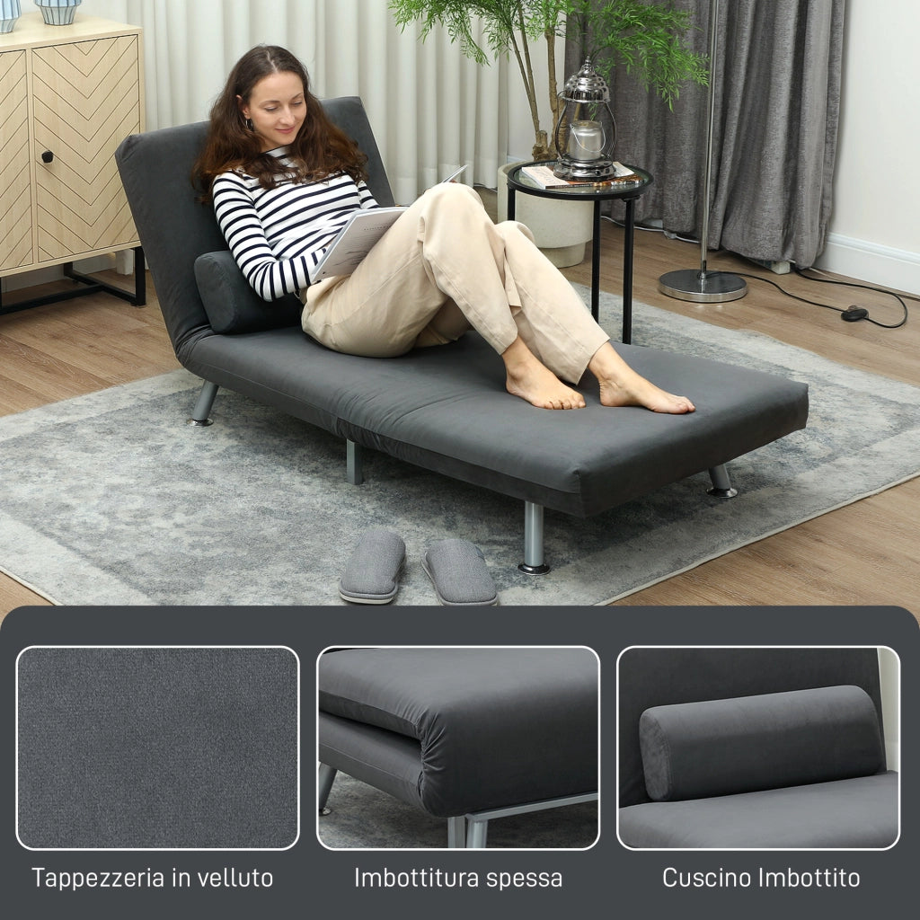 Poltrona Letto Singolo 3 in 1 75x70x75 cm in Tessuto Effetto Lino Grigio Scuro