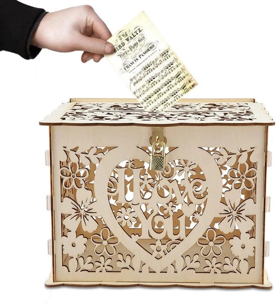 Scatola di Carta Invito per Matrimonio in Legno - Scatola di Regalo con Chiave - Progettata in Legno - Opaca - 25 x 20 x 18,2 cm - Per Feste
