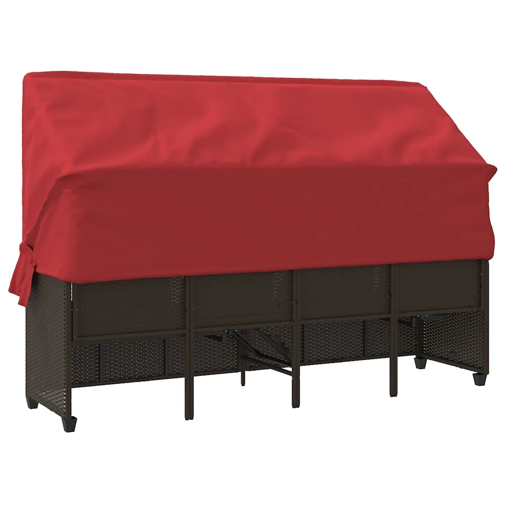Lettino Prendisole con Baldacchino e Cuscini Marrone Polyrattan