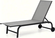 Set di 1/2 lettini da giardino con ruote, sedia a sdraio in tessuto, schienale regolabile a 6 posizioni, sedia a sdraio da esterno mobile, carico 150 kg, per balcone, terrazza, picine