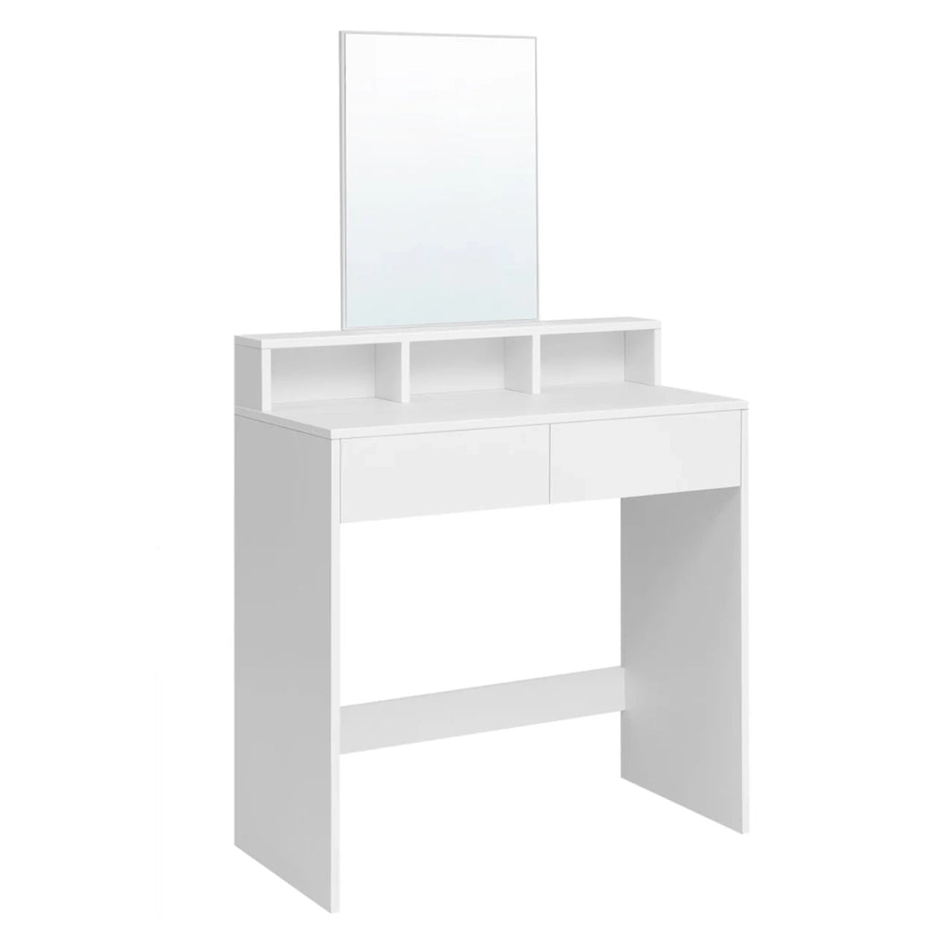 Toletta con specchio rettangolare tavolo da trucco con 2 cassetti e 3 vani portaoggetti stile moderno bianco 12_0005167