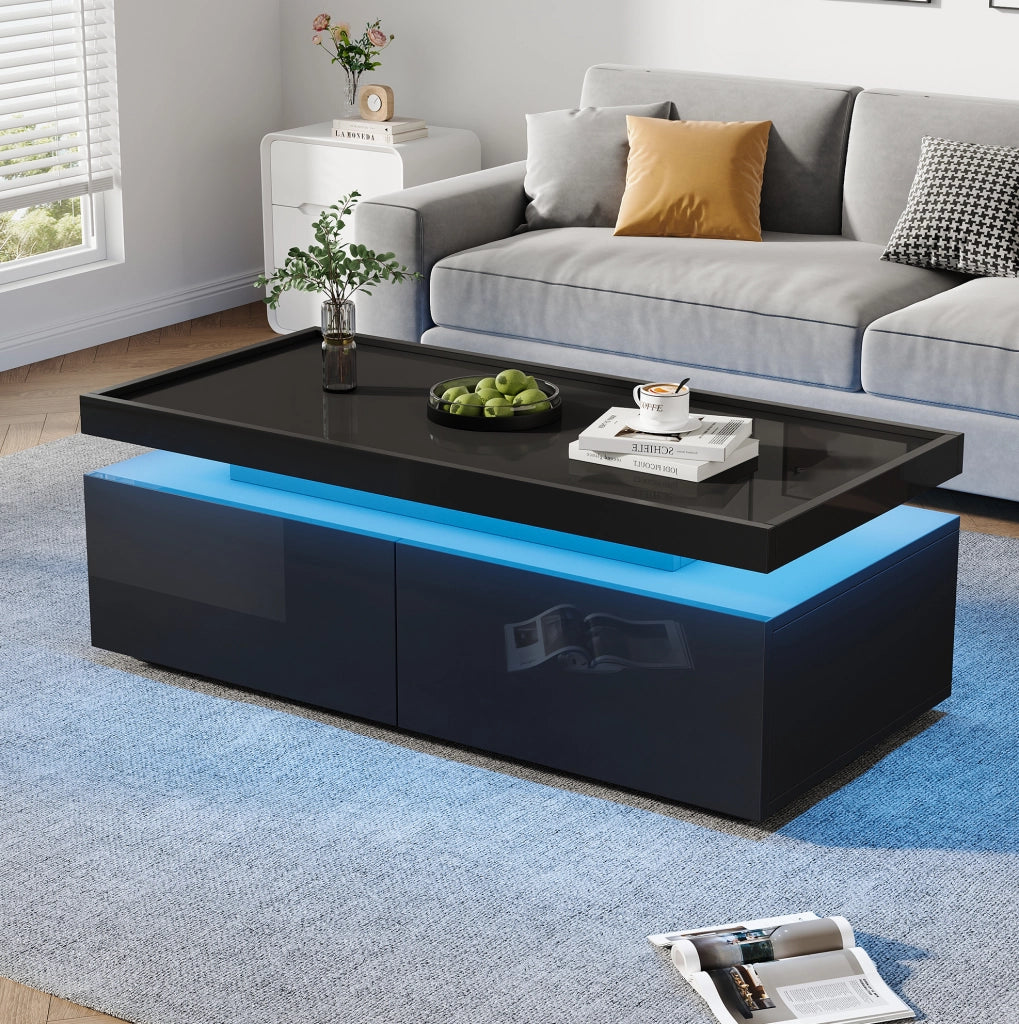 Tavolino da caffè LED nero lucido con 2 cassetti 95x45x35 cm