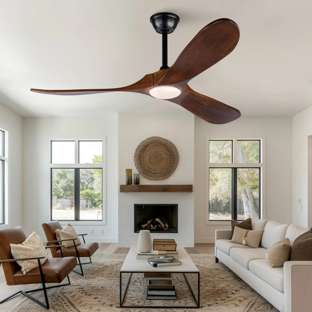 Ventilatore da soffitto 52 pollici con luce, 3 pale legno massello, 3CCT, motore DC silenzioso reversibile, telecomando, moderno