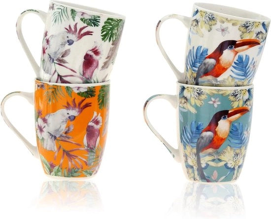 Set di tazze da caffè in ceramica con disegno fiorale - grandi tazze da caffè da 300 ml - tazze da tè colorate - regalo per donne - 4 pezzi - Birds