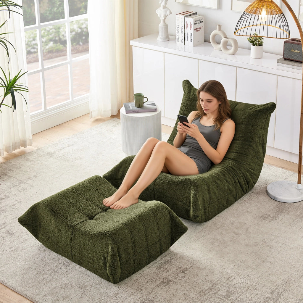 Poltrona Lazy con schienale e pouf - Zephmum- Morbido peluche verde