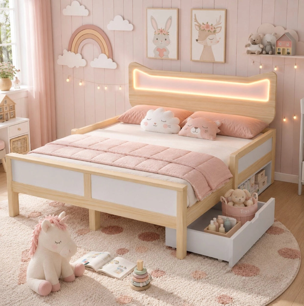 Letto per bambini 140x200 cm con LED RGB, cassetto e vano
