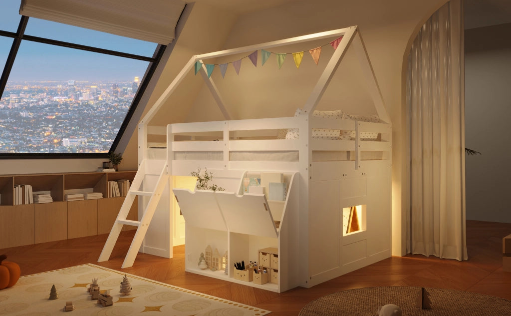 DESMIU Letto a soppalco per bambini 140 × 200 cm con scala, LED, box apribili e tasche, senza materasso, legno bianco