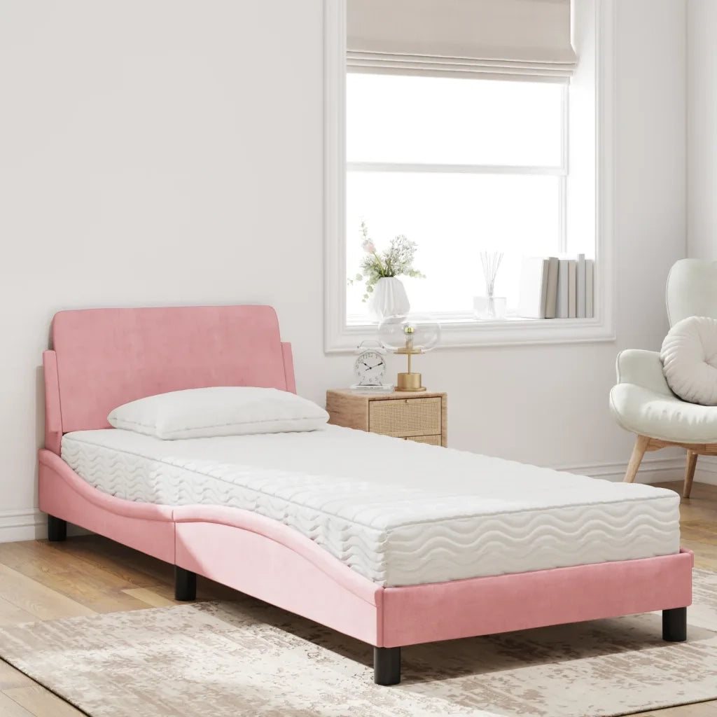 Letto con Materasso-Struttura Letto con Materasso Dover Rosa 80x200 cm in Velluto