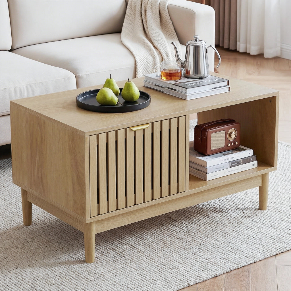 Tavolino da salotto con 1 cassetto; vani a giorno e struttura a doghe; gambe in legno massello; rovere; 80 × 50 × 45 cm