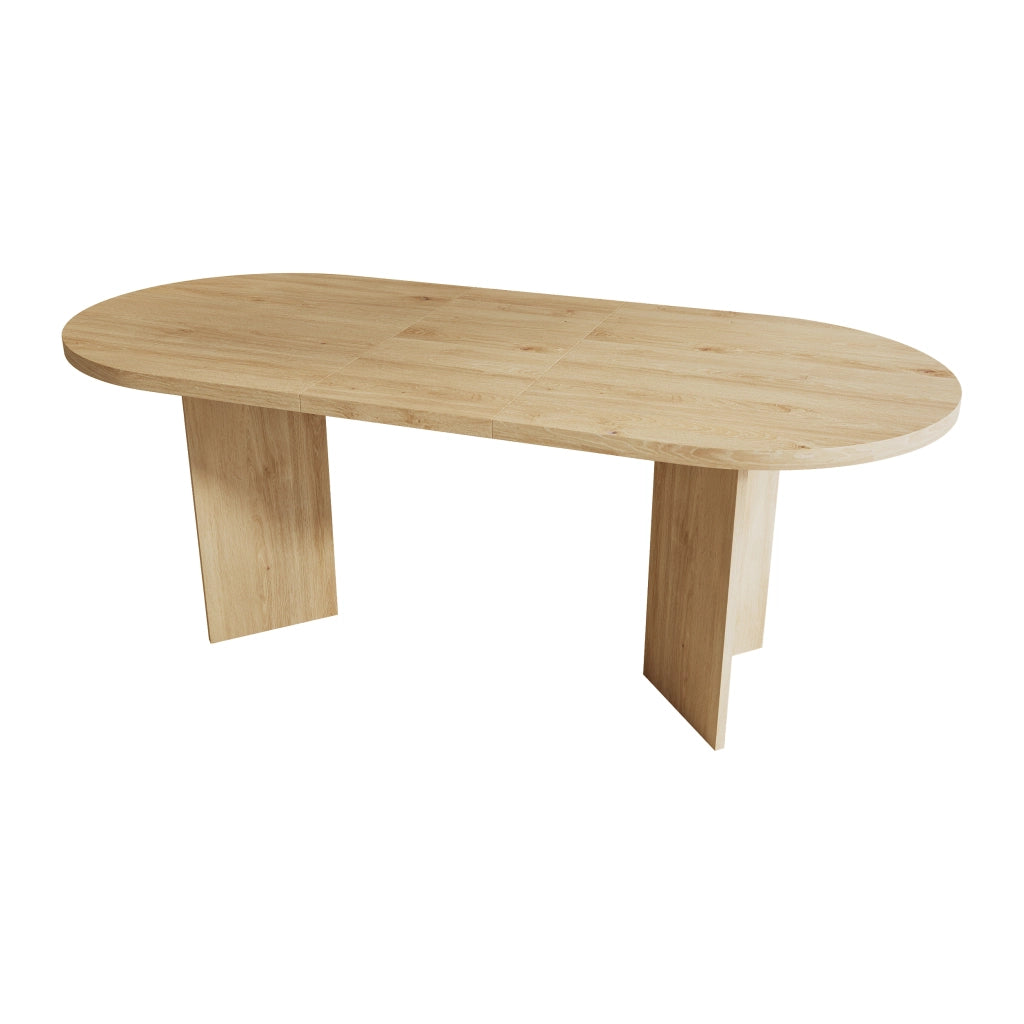 Tavolo da pranzo ovale 200x90x75 cm per 6-8 persone; piano spesso 18 mm con angoli arrotondati; MDF effetto rovere